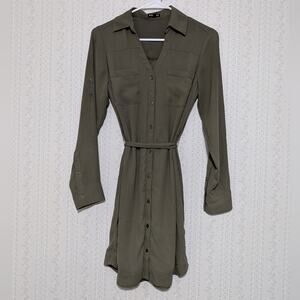 Express Button-Up Shirt Dress Women's Size XS Green Utility Office